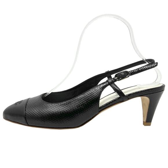 Chanel Black Textured Leather Cap Toe Slingback Pumps – Size 37.5 - Picture 1 of 11
